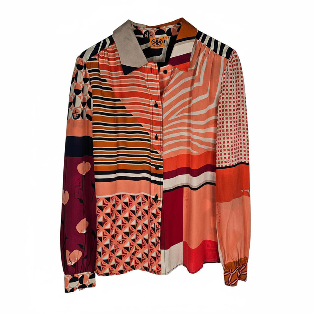 Tory Burch Patchwork Printed Silk LS Blouse Vibra… - image 3
